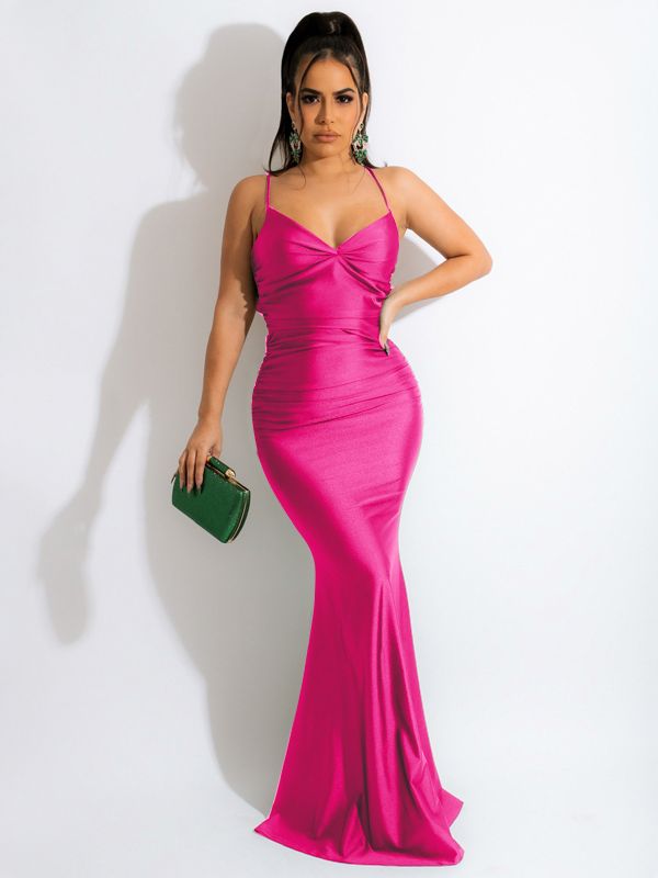 Lace Up Women Solid Satin Maxi Dress