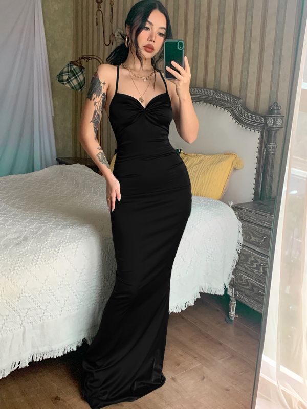 Lace Up Women Solid Satin Maxi Dress