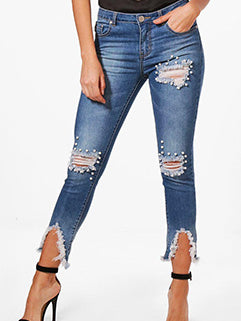 Stylish Beading Bodycon Ripped Denim Pants