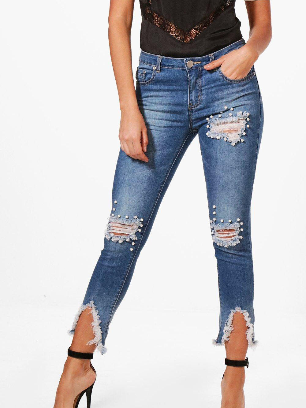 Stylish Beading Bodycon Ripped Denim Pants