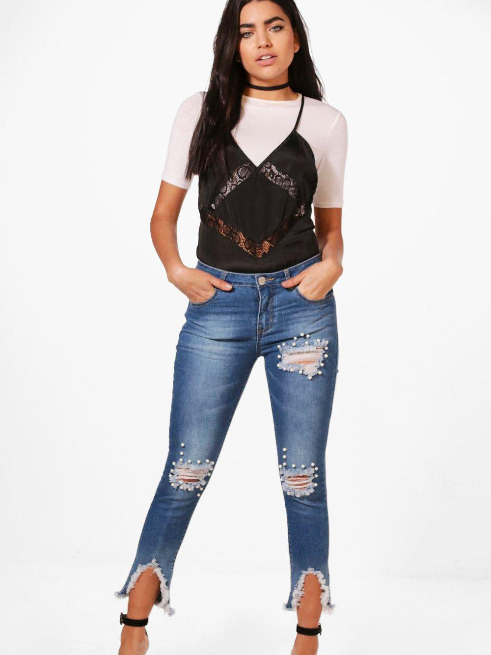 Stylish Beading Bodycon Ripped Denim Pants