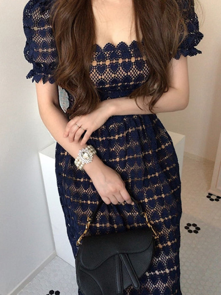Square Collar Short Sleeve Lace Hook Flowers Hollow Out Waist Dress