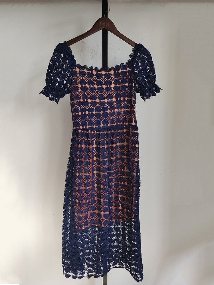 Square Collar Short Sleeve Lace Hook Flowers Hollow Out Waist Dress