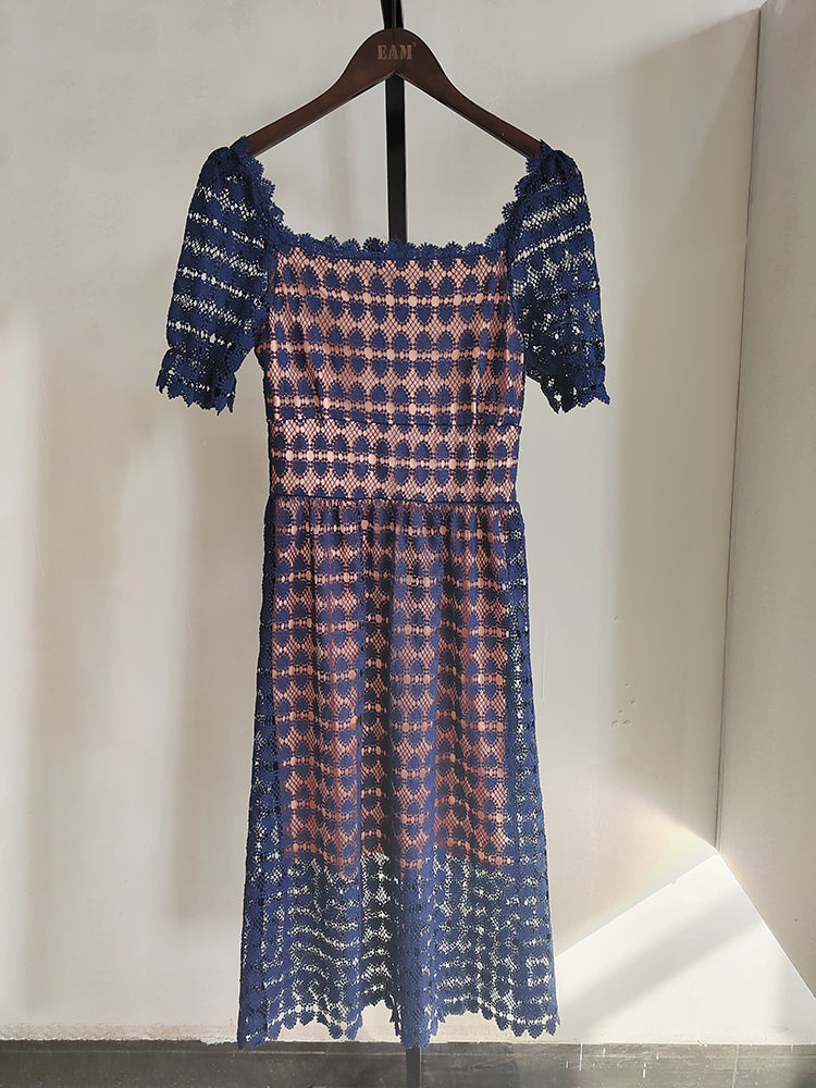 Square Collar Short Sleeve Lace Hook Flowers Hollow Out Waist Dress