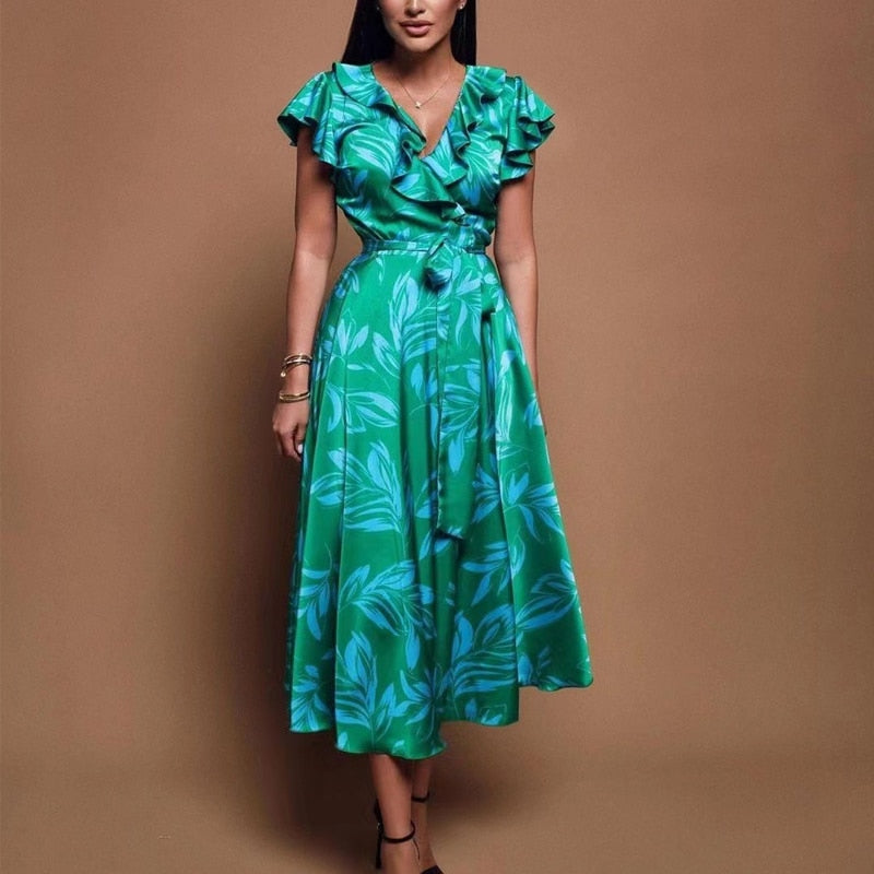 Elegant Casual V Neck Ruffles  Sleeveless Print Long Summer Dress