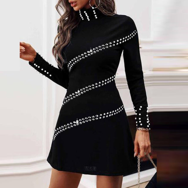 Long Sleeve Elegant Beaded Patchwork Short Mini Dress