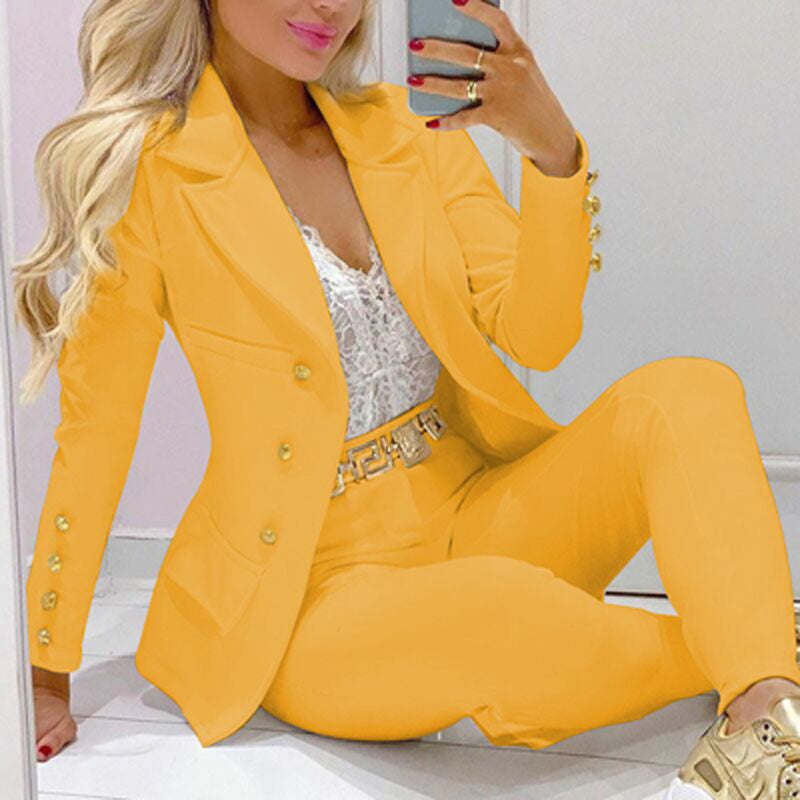 Elegant Long Sleeve Single-Breasted Suit/ Casual Solid High-Waist Pencil Pants