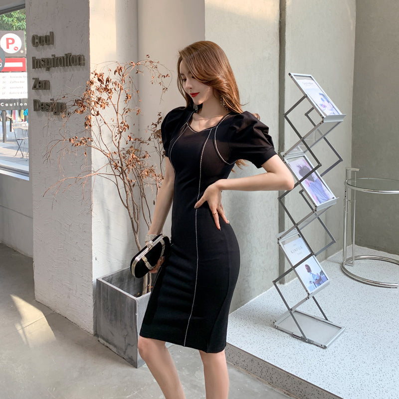 Square Collar Short Sleeve Vintage Bodycon Sheath Dress