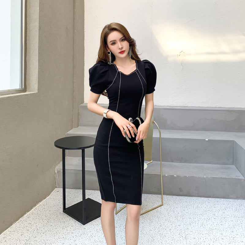 Square Collar Short Sleeve Vintage Bodycon Sheath Dress