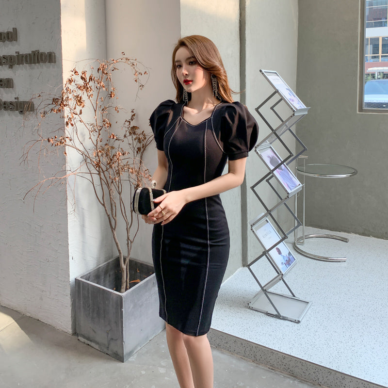Square Collar Short Sleeve Vintage Bodycon Sheath Dress