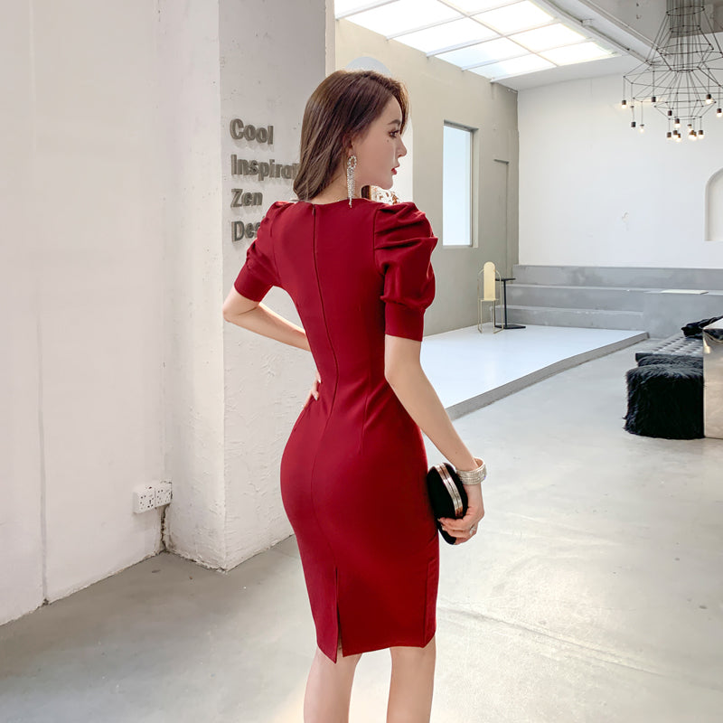 Summer Round Neck Puff Sleeve Temperament High Waist Tight Dress