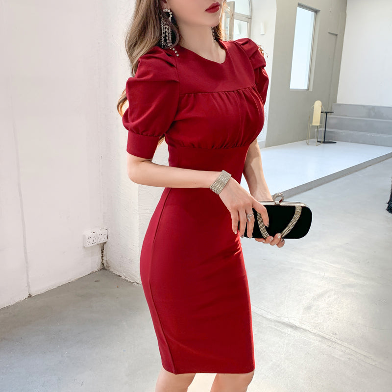 Summer Round Neck Puff Sleeve Temperament High Waist Tight Dress
