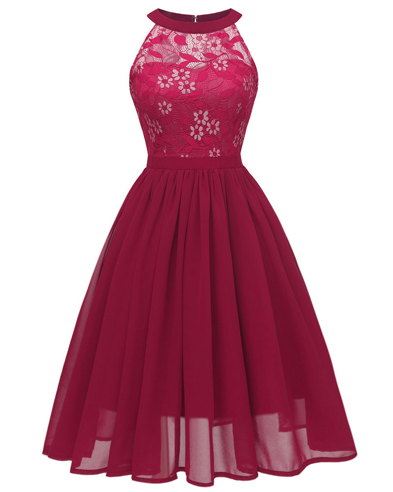 Elegant Pink Party Halter Neck Lace Chiffon Sleeveless Halter Short Dress Summer Modern Lady Casual Evening Women Dresses