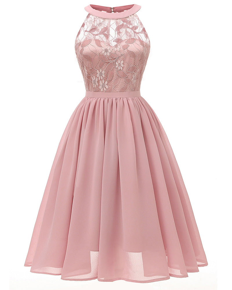 Elegant Pink Party Halter Neck Lace Chiffon Sleeveless Halter Short Dress Summer Modern Lady Casual Evening Women Dresses