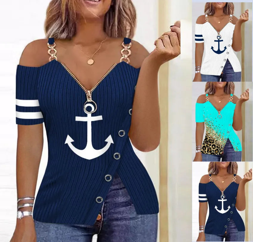 Summer  Elegant Printed Zipper V Neck Off Shoulder Shirt