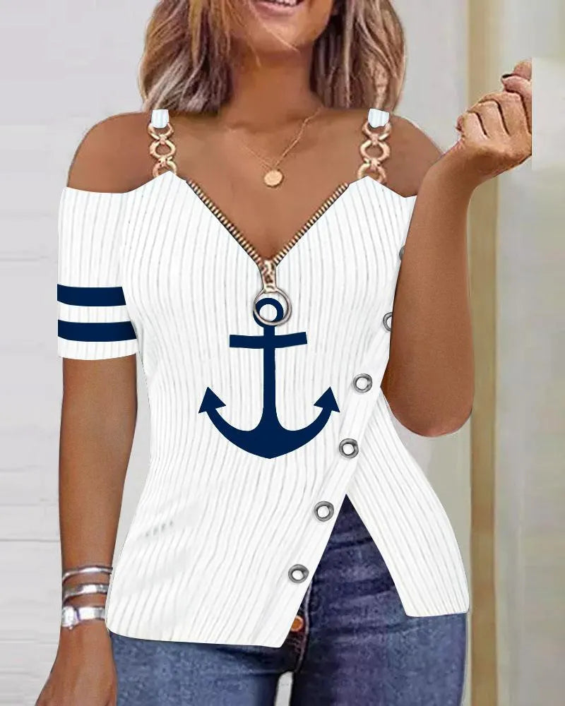 Summer  Elegant Printed Zipper V Neck Off Shoulder Shirt