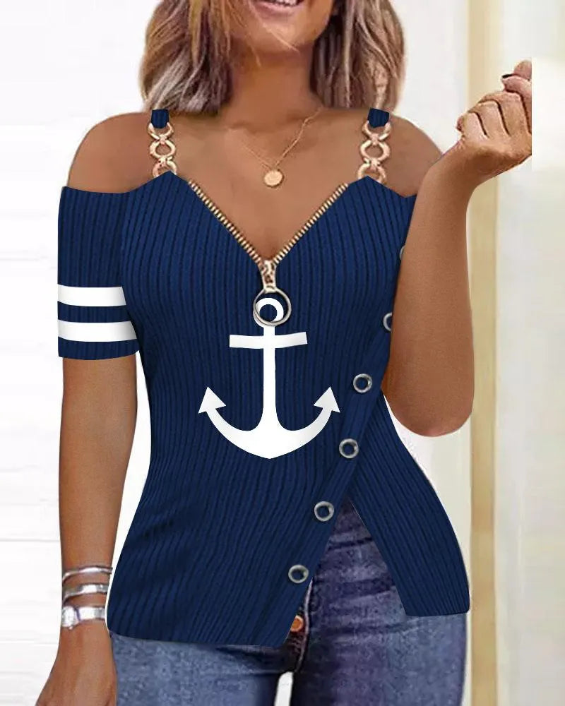 Summer  Elegant Printed Zipper V Neck Off Shoulder Shirt