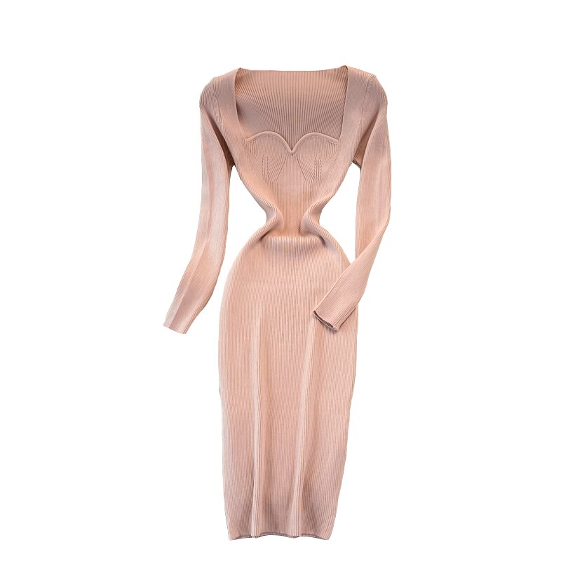 Elegant Sexy Low-Neck Tight Stretch Knit Dress