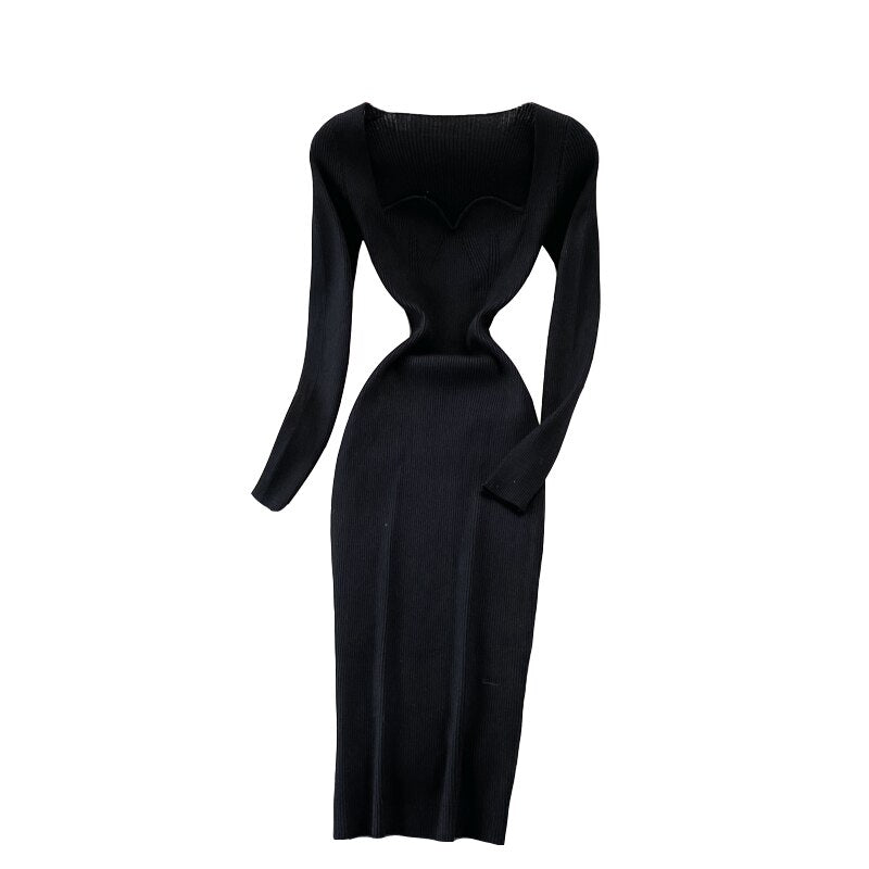 Elegant Sexy Low-Neck Tight Stretch Knit Dress