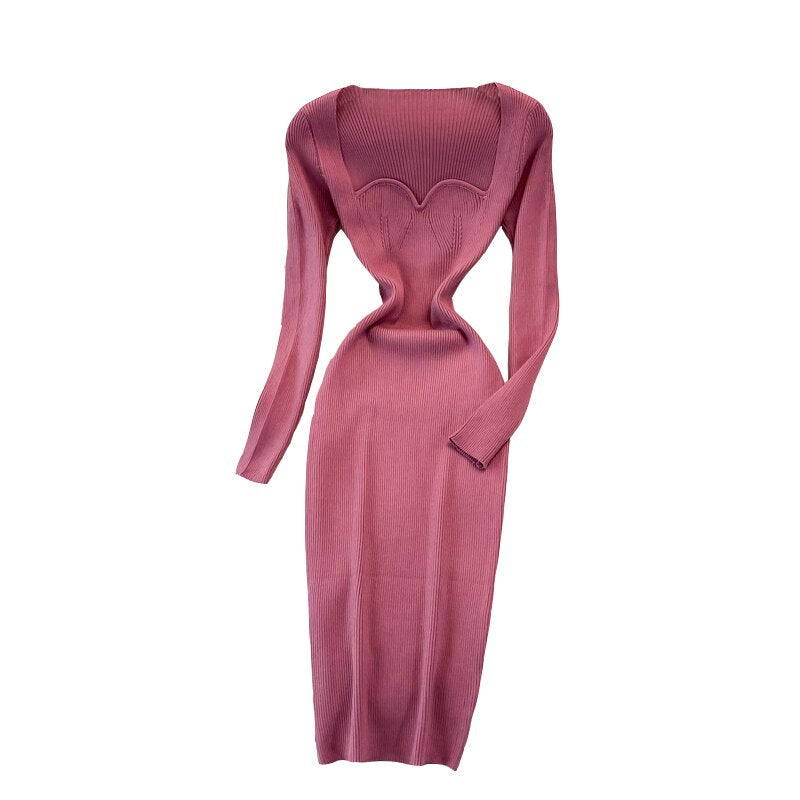 Elegant Sexy Low-Neck Tight Stretch Knit Dress