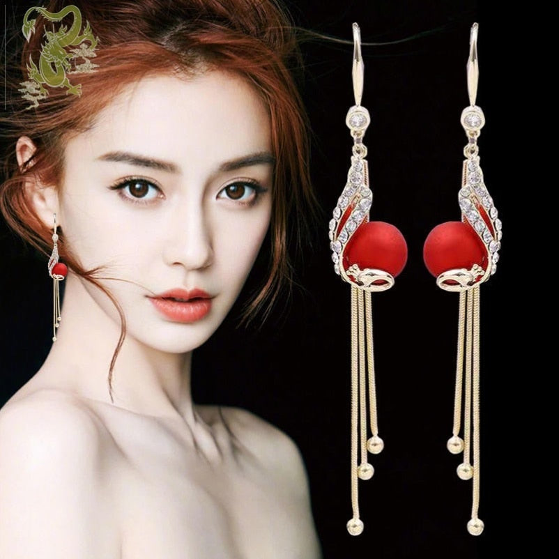 Elegant Alloy Peacock Full Rhinestone Tassel Pendant Earrings