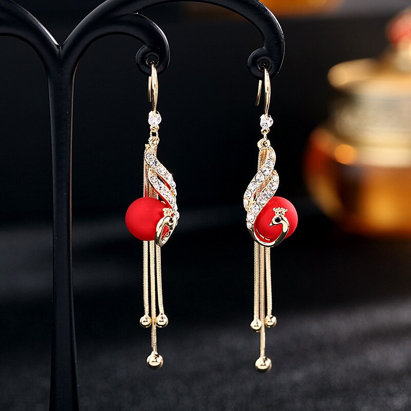 Elegant Alloy Peacock Full Rhinestone Tassel Pendant Earrings