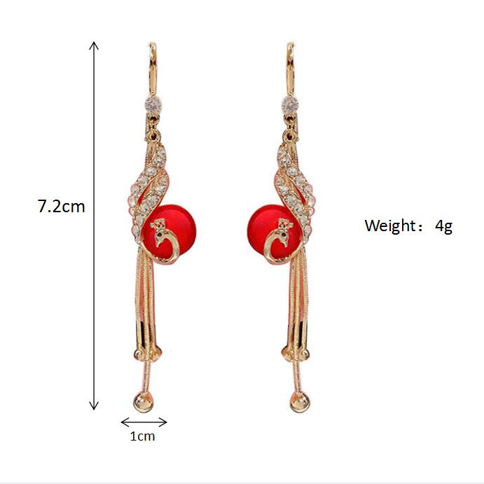 Elegant Alloy Peacock Full Rhinestone Tassel Pendant Earrings