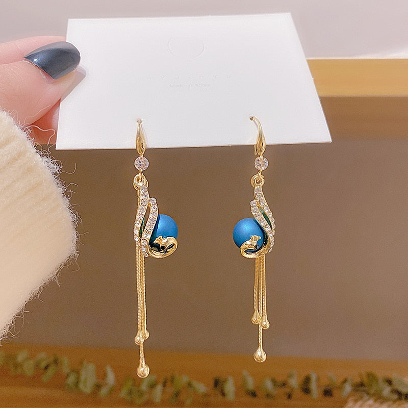 Elegant Alloy Peacock Full Rhinestone Tassel Pendant Earrings