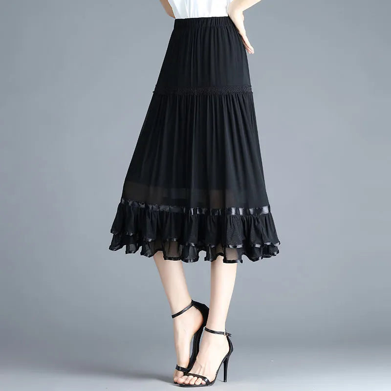 Elegant Vintage Mesh Black Midi Skirt