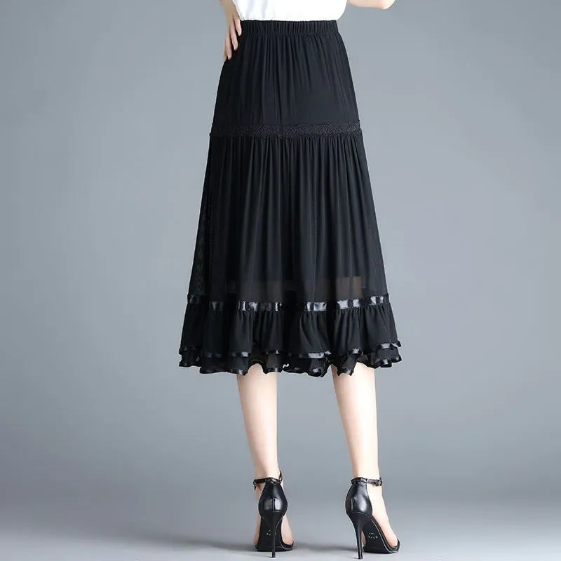 Elegant Vintage Mesh Black Midi Skirt