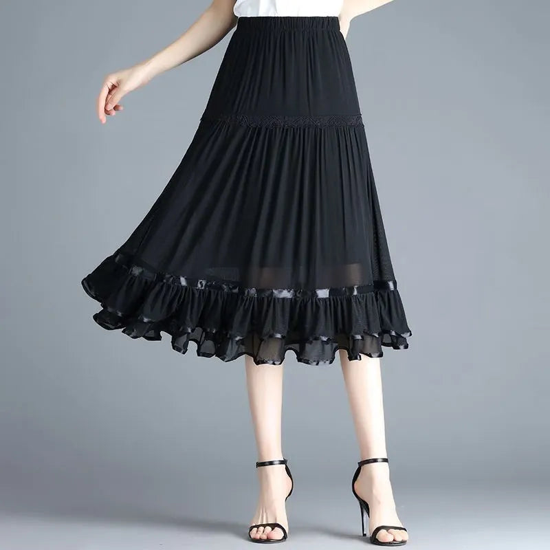 Elegant Vintage Mesh Black Midi Skirt