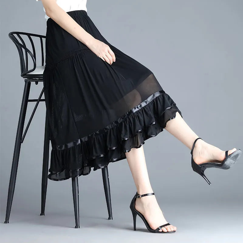 Elegant Vintage Mesh Black Midi Skirt