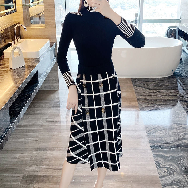 Turtleneck Knitted Sweaters Tops And Cut Plaid Knitted Skirts
