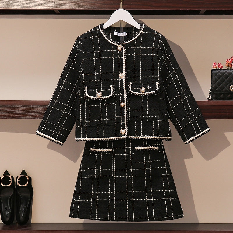 Autumn Winter Short Woolen Tweed Jacket Coat & Bodycon Mini Skirt Set
