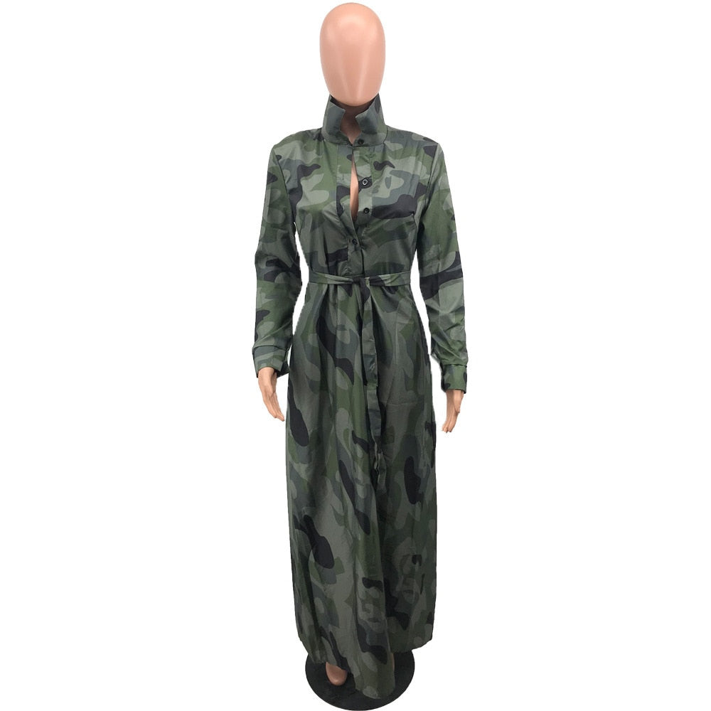 Fall Winter Long Sleeve Camouflage Maxi Dress