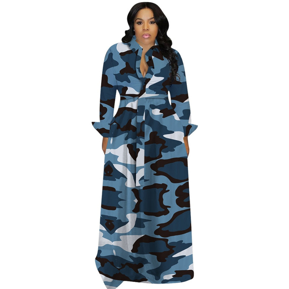 Fall Winter Long Sleeve Camouflage Maxi Dress