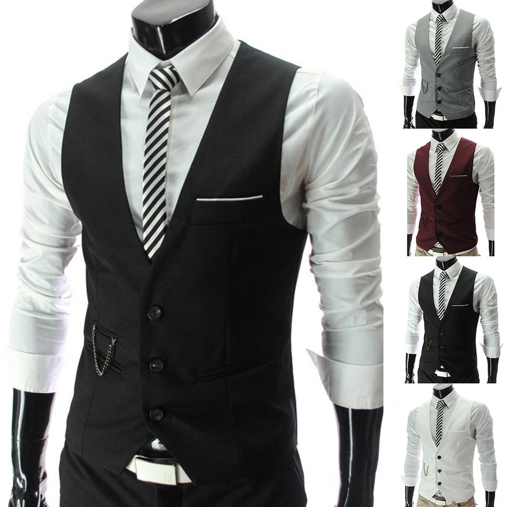 Solid Color V Neck Sleeveless Buttons Men Vests Waistcoat