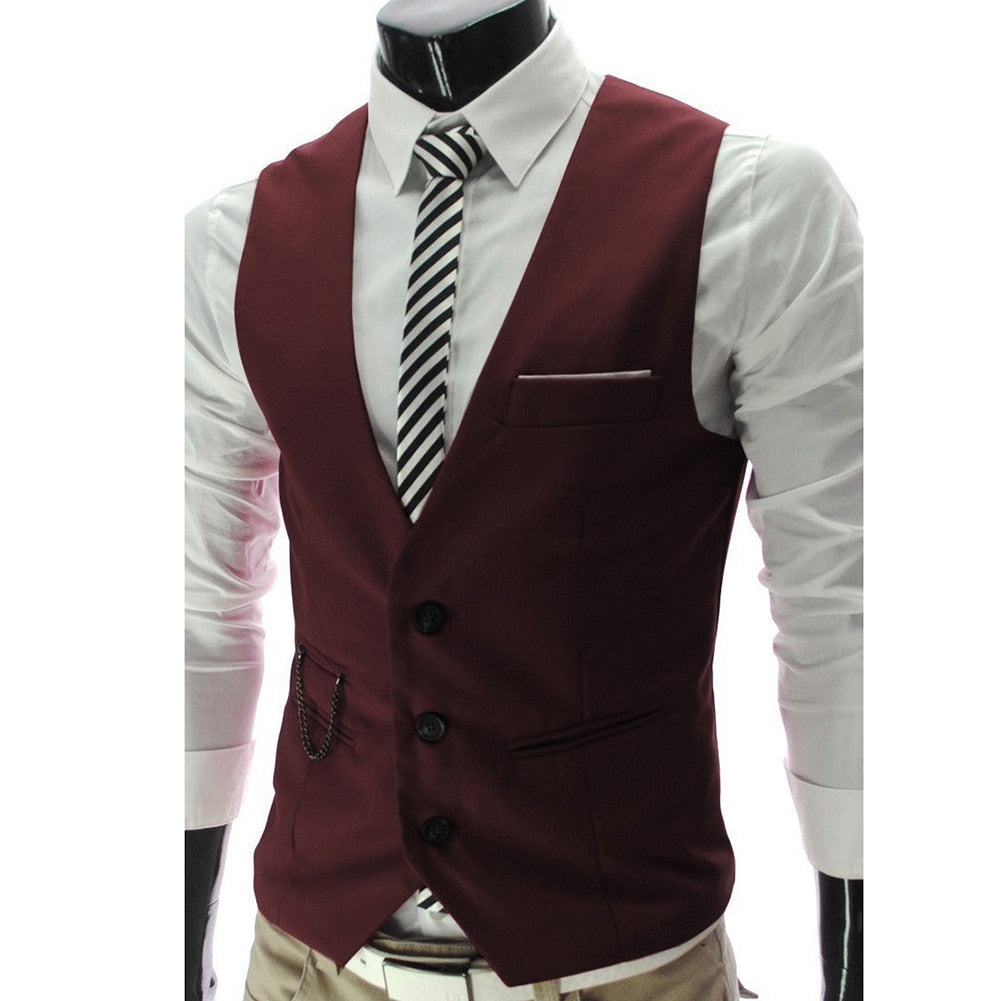 Solid Color V Neck Sleeveless Buttons Men Vests Waistcoat
