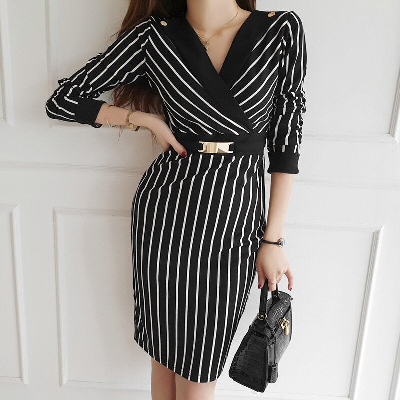 Spring Autumn Vintage Stripe V-neck Long Sleeve Bodycon Dress