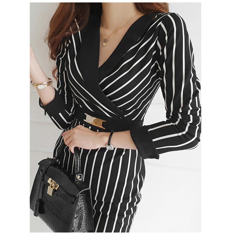 Spring Autumn Vintage Stripe V-neck Long Sleeve Bodycon Dress