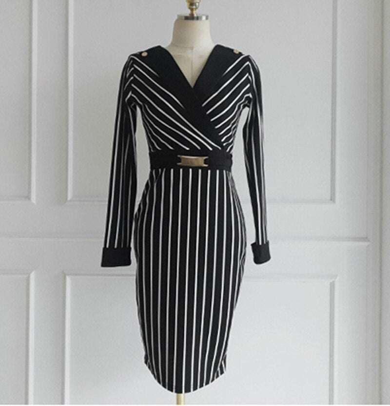 Spring Autumn Vintage Stripe V-neck Long Sleeve Bodycon Dress