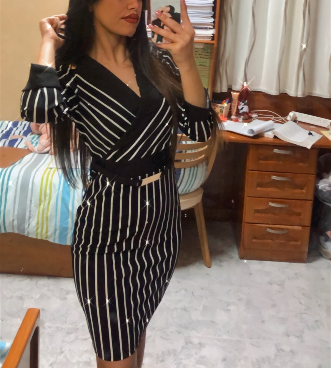 Spring Autumn Vintage Stripe V-neck Long Sleeve Bodycon Dress