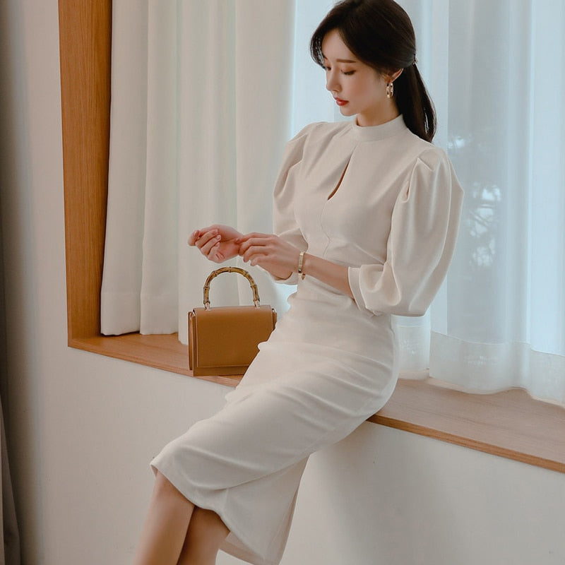 Stand Collar Puff Sleeve Bodycon Dress