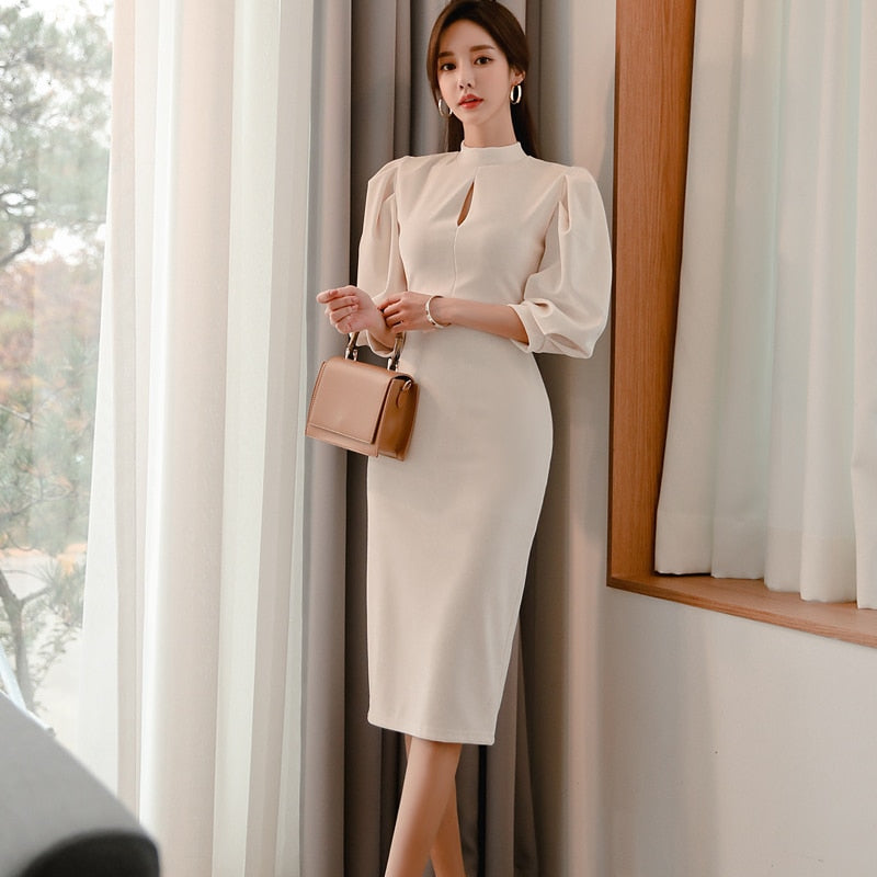 Stand Collar Puff Sleeve Bodycon Dress