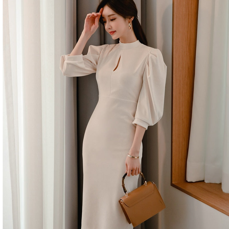 Stand Collar Puff Sleeve Bodycon Dress