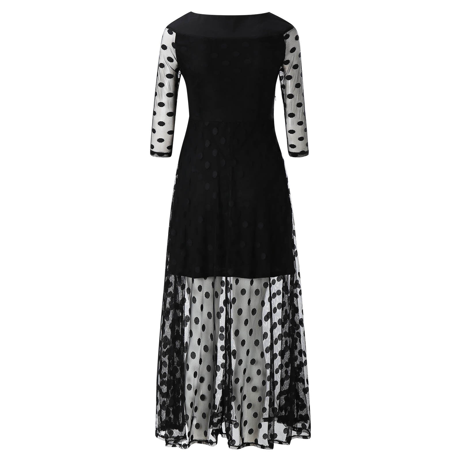 Summer Casual Dot Mesh Round Neck Lace Long Dress