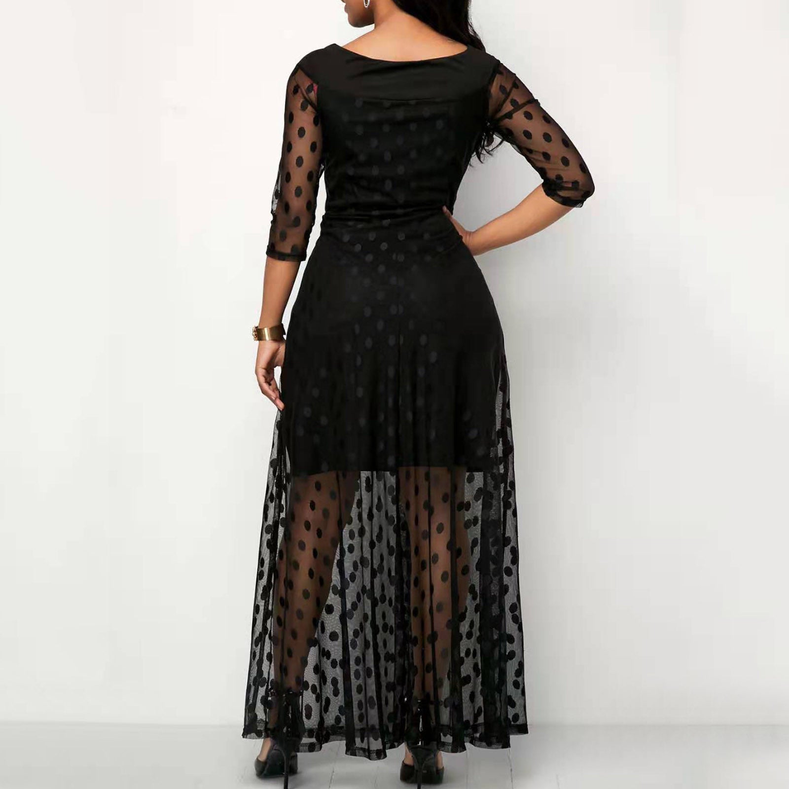 Summer Casual Dot Mesh Round Neck Lace Long Dress