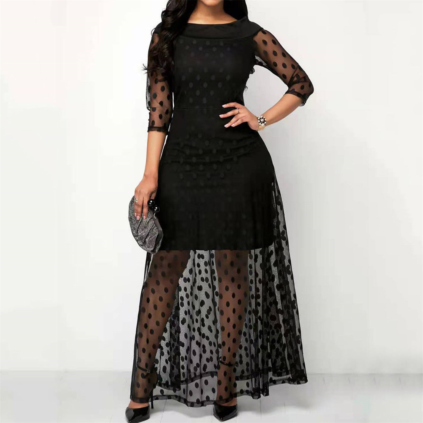 Summer Casual Dot Mesh Round Neck Lace Long Dress