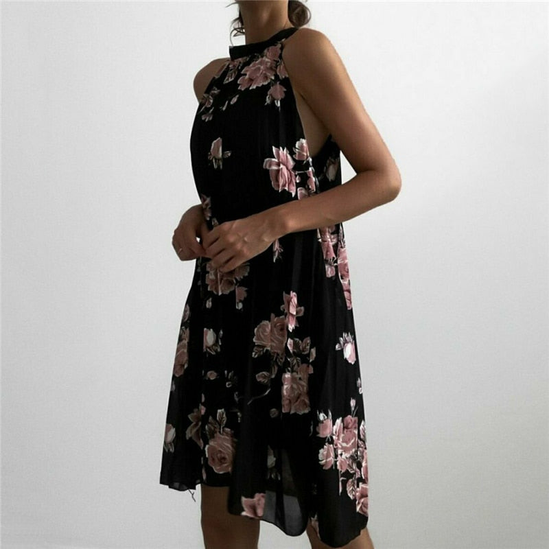 Boho Beach Summer Sleeveless Halter Floral Dress