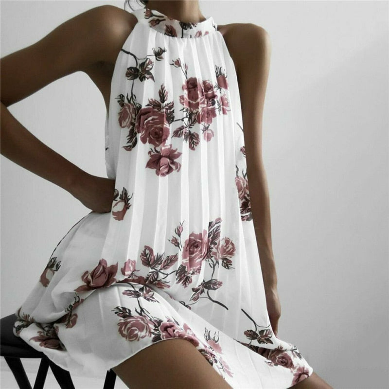 Boho Beach Summer Sleeveless Halter Floral Dress